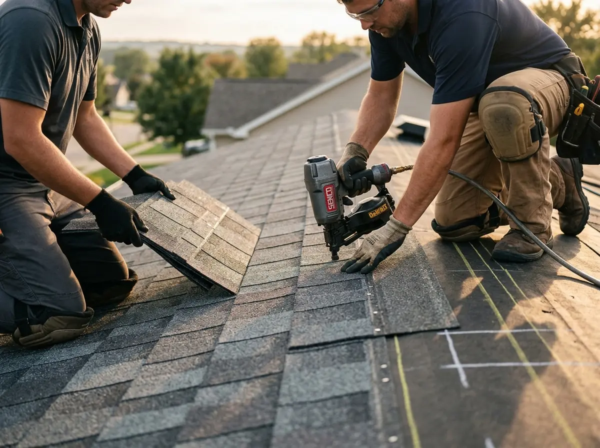 Professional roofer working on a residential roof in Hilton